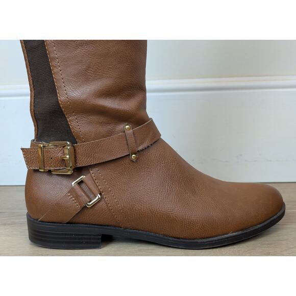 NEW Bar III Dolly Riding Boots 9.5 Brown Knee High Faux Leather Buckle Classic - Picture 8 of 12